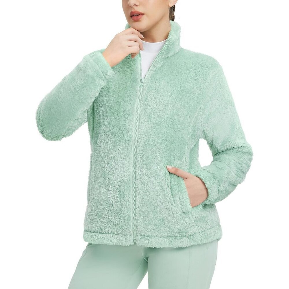 Women's Fleece Fuzzy Cozy Full Zip Up Light Green Ski Jacket Coat Winter Warm